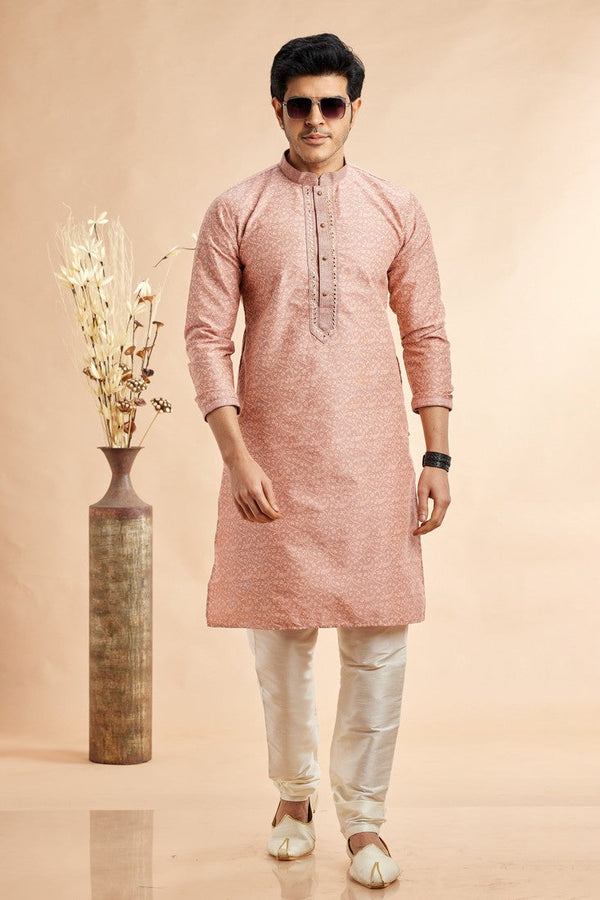Amazing Peach Color Jacquard Fabric Kurta Pajama