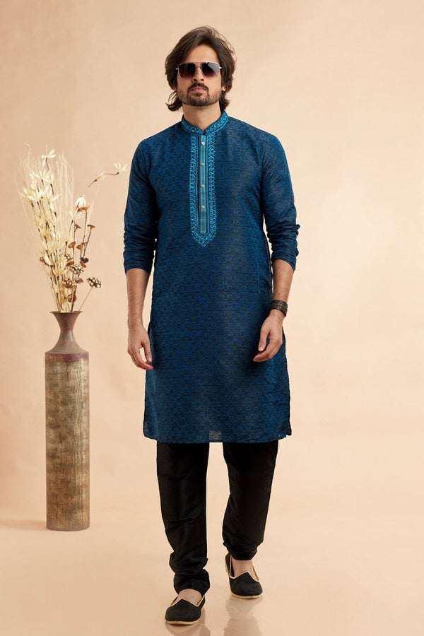 Amazing Teal Color Jacquard Fabric Kurta Pajama