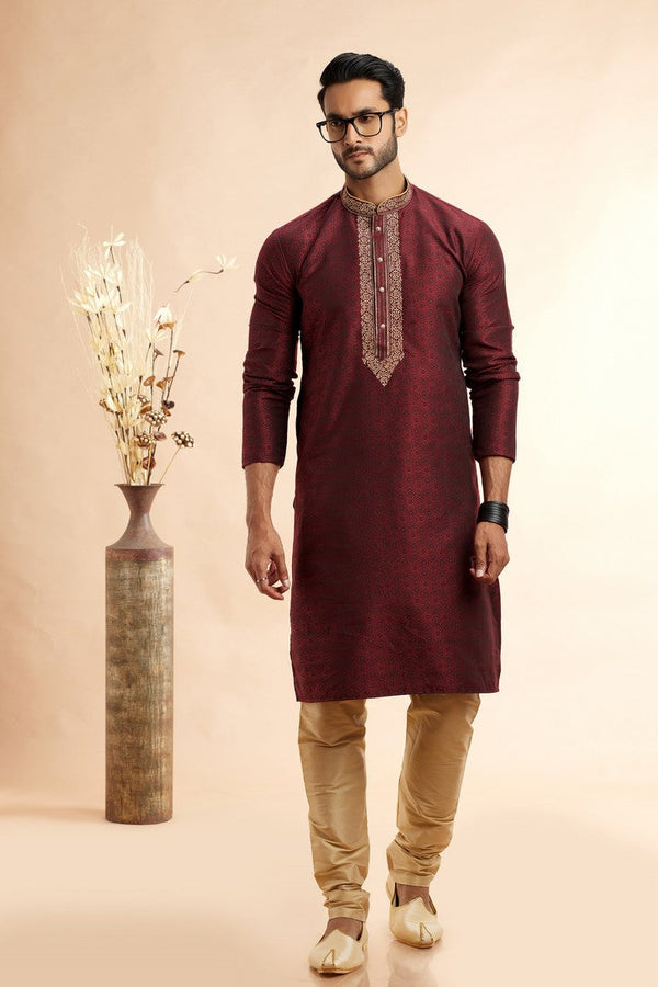 Amazing Wine Color Jacquard Fabric Kurta Pajama