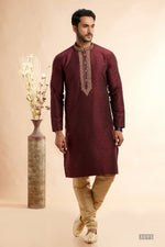 Amazing Wine Color Jacquard Fabric Kurta Pajama