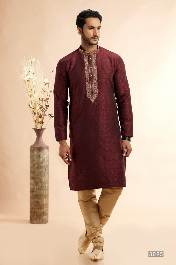 Amazing Wine Color Jacquard Fabric Kurta Pajama