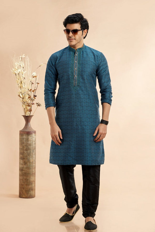 Amazing Teal Color Jacquard Fabric Kurta Pajama