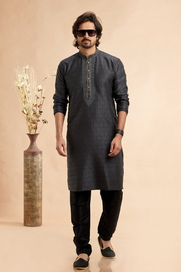 Amazing Black Color Jacquard Fabric Kurta Pajama