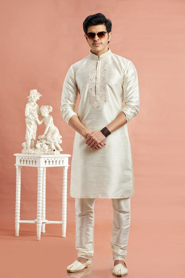 Desirable Cream Color Art Silk Fabric Kurta Pajama