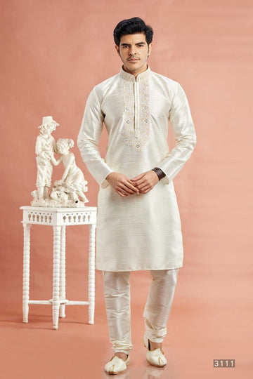 Desirable Cream Color Art Silk Fabric Kurta Pajama
