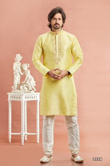Desirable Yellow Color Art Silk Fabric Kurta Pajama