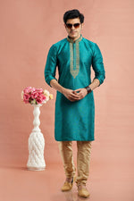 Desirable Turquoise Color Art Silk Fabric Kurta Pajama
