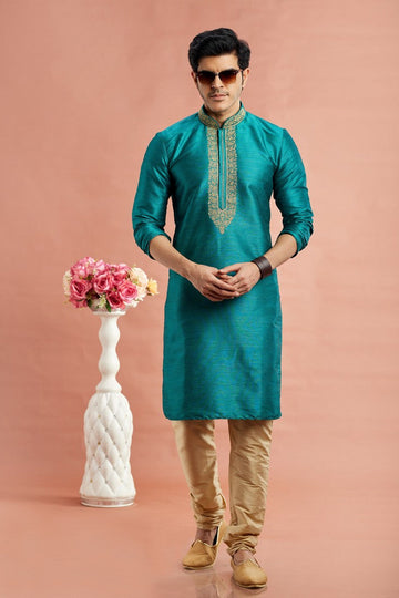 Desirable Turquoise Color Art Silk Fabric Kurta Pajama