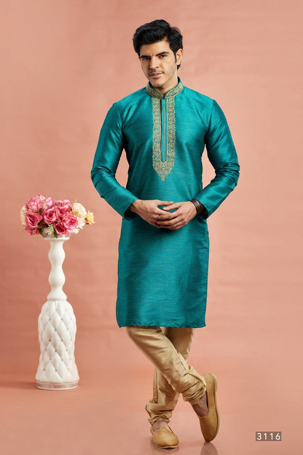 Desirable Turquoise Color Art Silk Fabric Kurta Pajama