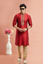 Desirable Maroon Color Art Silk Fabric Kurta Pajama