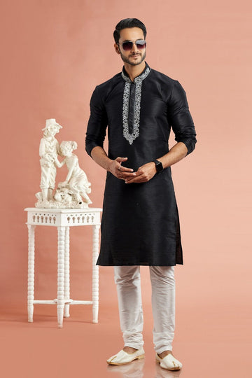 Desirable Black Color Art Silk Fabric Kurta Pajama