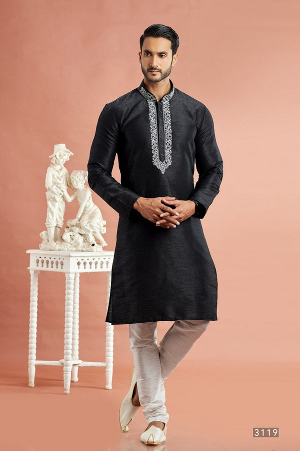 Desirable Black Color Art Silk Fabric Kurta Pajama