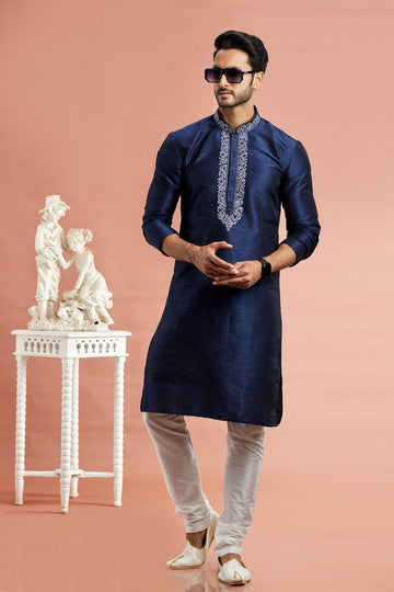 Desirable Navy Blue Color Art Silk Fabric Kurta Pajama