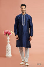 Desirable Navy Blue Color Art Silk Fabric Kurta Pajama