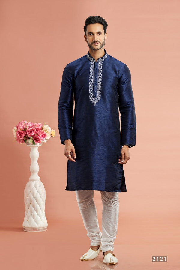 Desirable Navy Blue Color Art Silk Fabric Kurta Pajama