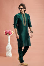 Desirable Green Color Art Silk Fabric Kurta Pajama