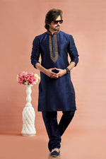 Desirable Navy Blue Color Art Silk Fabric Kurta Pajama