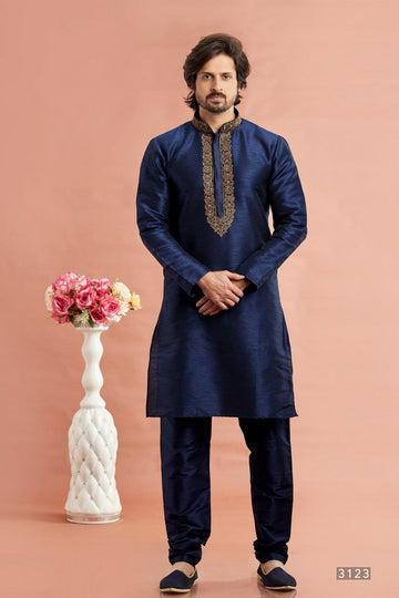 Desirable Navy Blue Color Art Silk Fabric Kurta Pajama