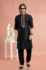 Desirable Black Color Art Silk Fabric Kurta Pajama