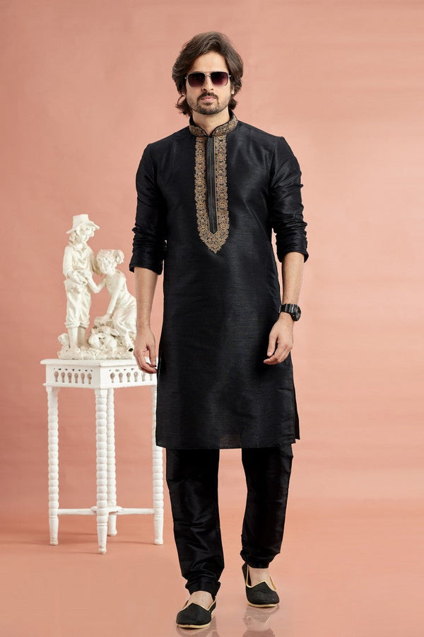 Desirable Black Color Art Silk Fabric Kurta Pajama