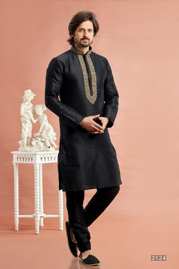 Desirable Black Color Art Silk Fabric Kurta Pajama