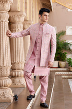 Elegant Peach Color Art Silk Fabric Mens Indowestern