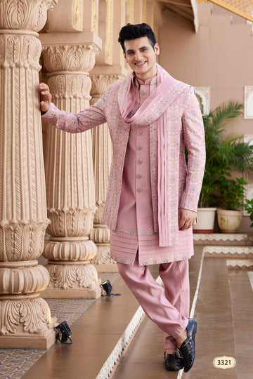 Elegant Peach Color Art Silk Fabric Mens Indowestern