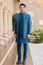 Elegant Teal Color Art Silk Fabric Mens Indowestern