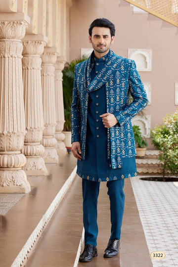 Elegant Teal Color Art Silk Fabric Mens Indowestern
