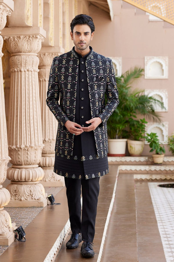 Elegant Black Color Art Silk Fabric Mens Indowestern