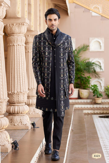Elegant Black Color Art Silk Fabric Mens Indowestern