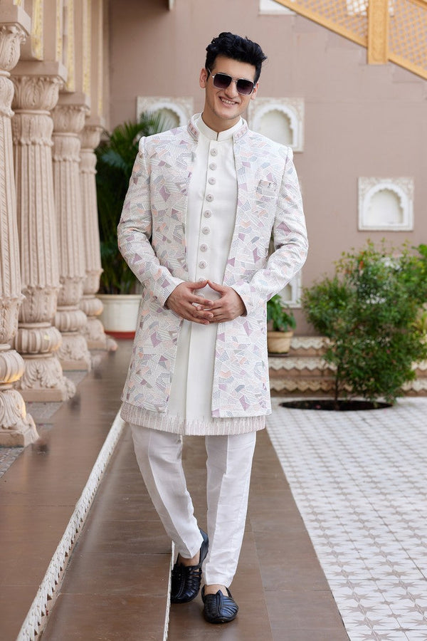 Elegant Cream Color Art Silk Fabric Mens Indowestern