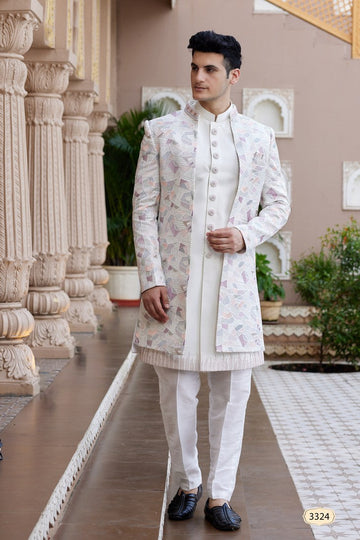 Elegant Cream Color Art Silk Fabric Mens Indowestern