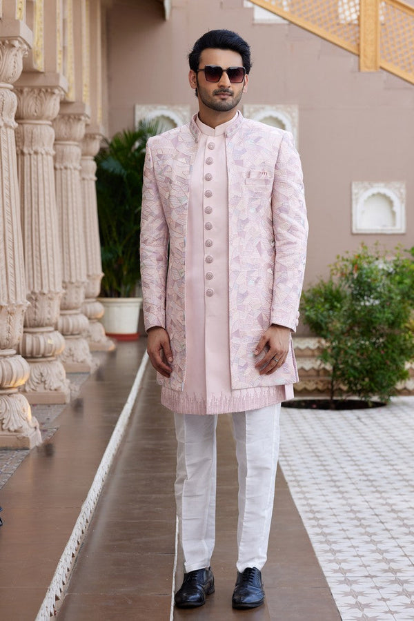 Elegant Peach Color Art Silk Fabric Mens Indowestern