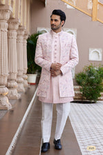 Elegant Peach Color Art Silk Fabric Mens Indowestern