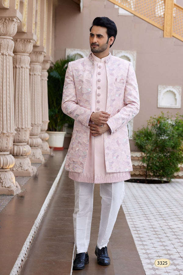 Elegant Peach Color Art Silk Fabric Mens Indowestern