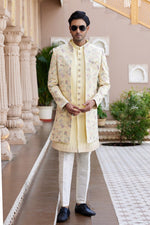 Elegant Yellow Color Art Silk Fabric Mens Indowestern