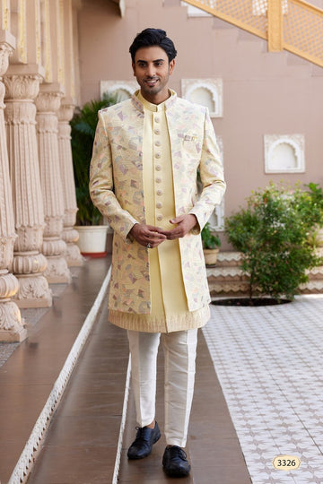 Elegant Yellow Color Art Silk Fabric Mens Indowestern
