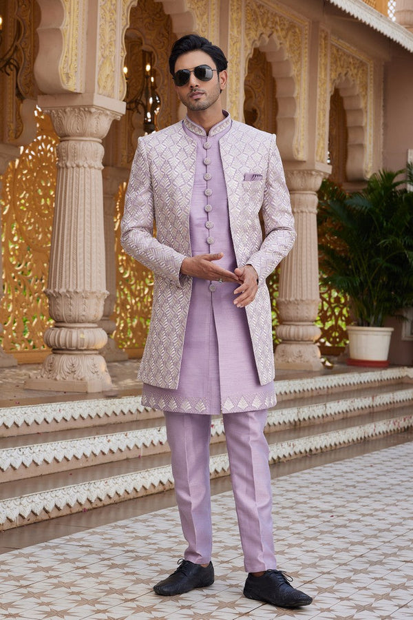 Elegant Purple Color Art Silk Fabric Mens Indowestern