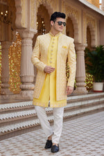 Elegant Yellow Color Art Silk Fabric Mens Indowestern