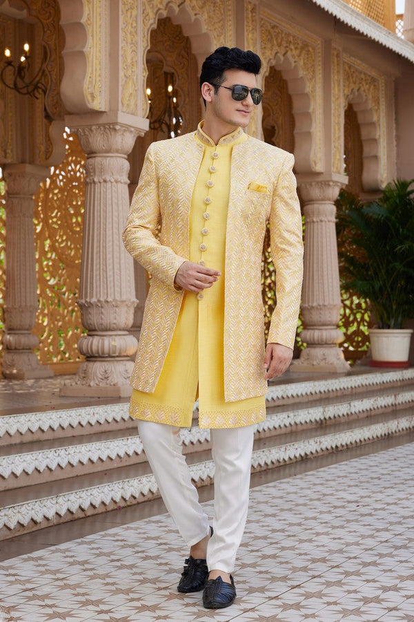 Elegant Yellow Color Art Silk Fabric Mens Indowestern