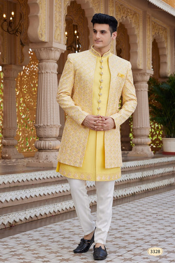 Elegant Yellow Color Art Silk Fabric Mens Indowestern
