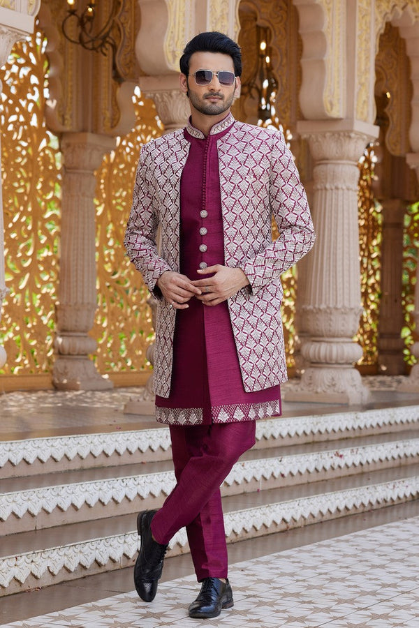 Elegant Maroon Color Art Silk Fabric Mens Indowestern