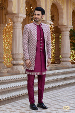 Elegant Maroon Color Art Silk Fabric Mens Indowestern