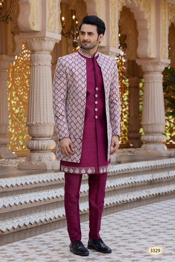 Elegant Maroon Color Art Silk Fabric Mens Indowestern