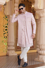 Elegant Pink Color Art Silk Fabric Mens Indowestern