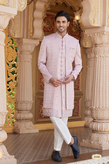 Elegant Pink Color Art Silk Fabric Mens Indowestern