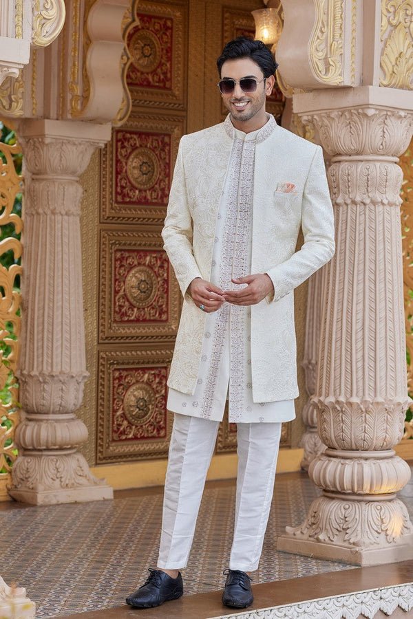 Elegant Cream Color Art Silk Fabric Mens Indowestern