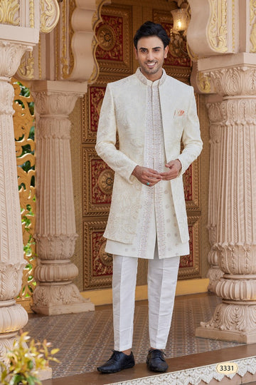 Elegant Cream Color Art Silk Fabric Mens Indowestern