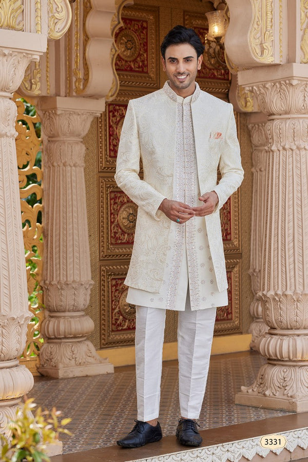 Elegant Cream Color Art Silk Fabric Mens Indowestern